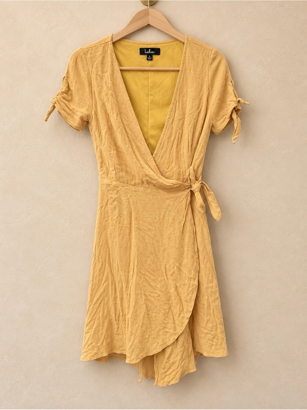 Lulu's Mustard Wrap Mini Dress with Tie Sleeves